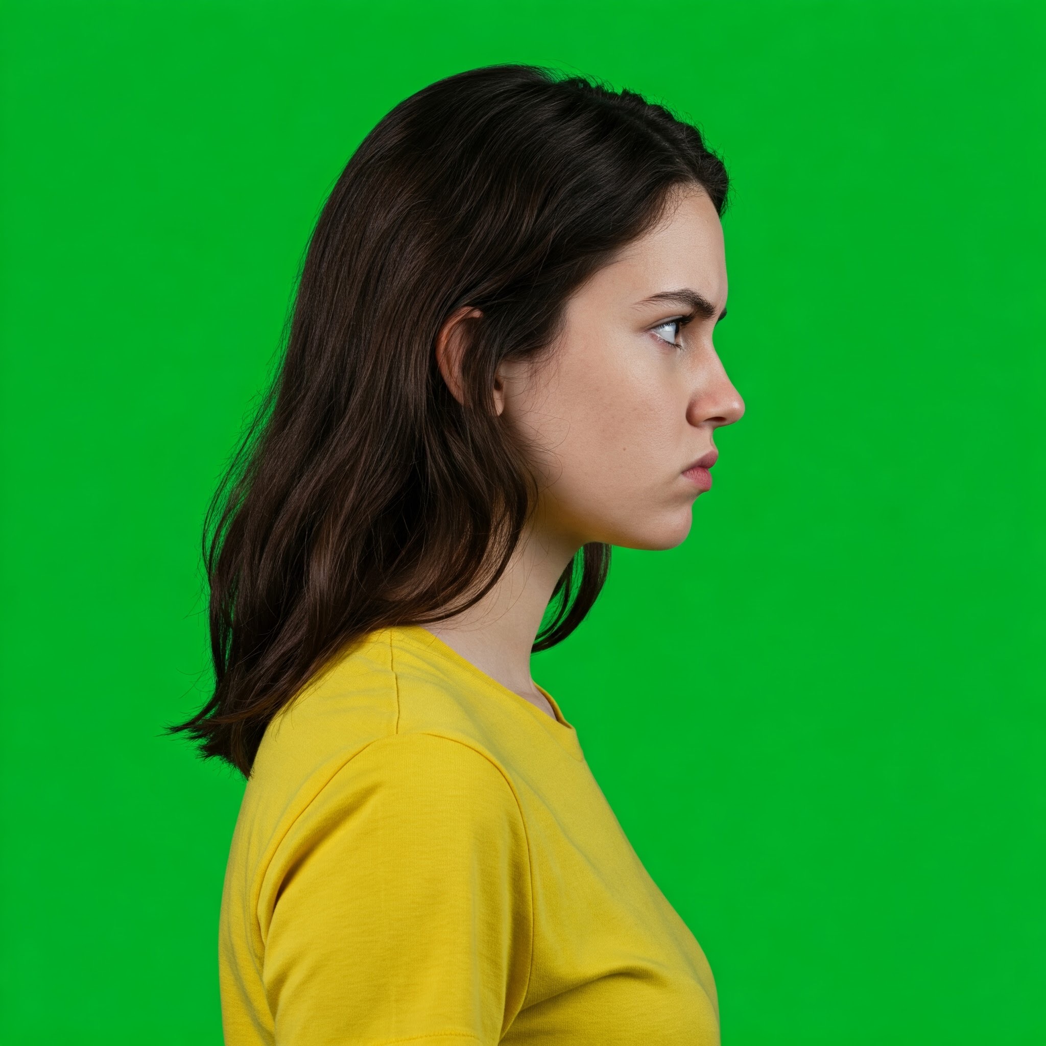 photo of Angry Young Woman in Profile Against Green Screen